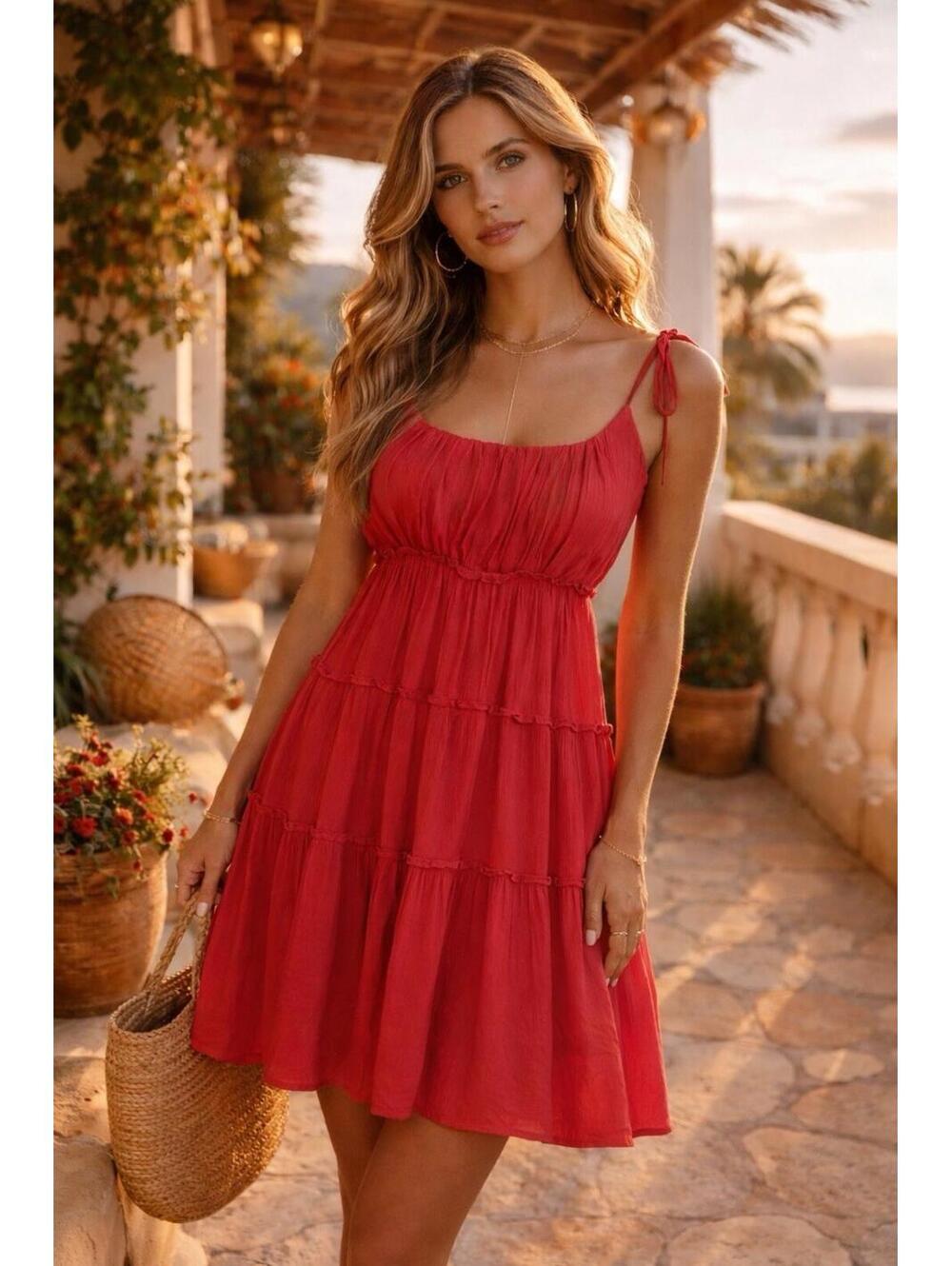 Red Tiered Tie-Shoulder Sundress - Brand